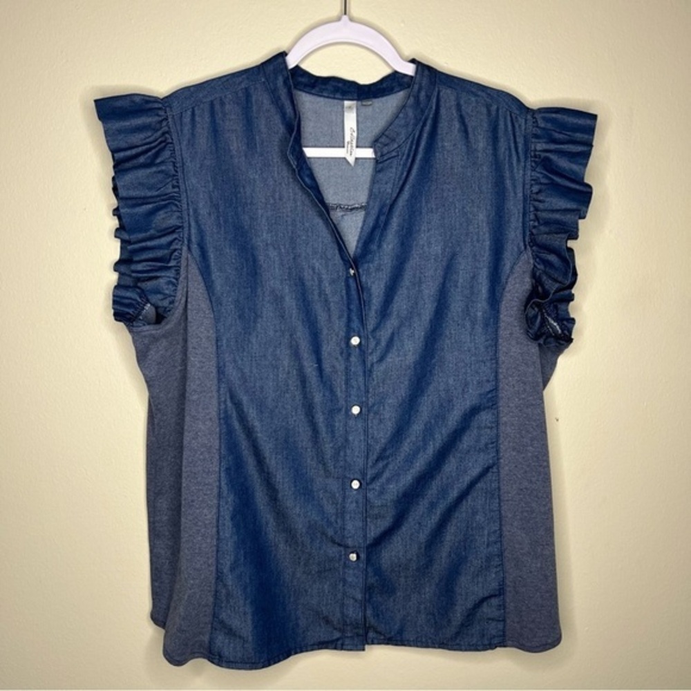 NY Collection Woman Dark Wash Cotton Chambray Flutter Sleeve Button Front Top